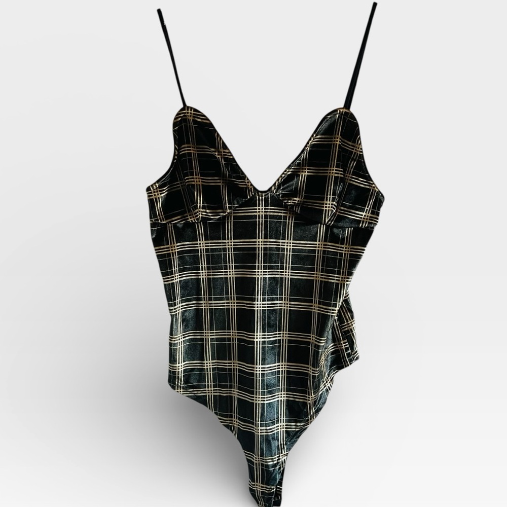 Momokrom Plaid Crush Velvet Strap Bodysuit